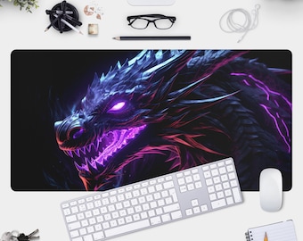 Purple Dragon Gamer Pad - Large Desk Mat for Gaming, Neon Cyberpunk Style Mouse Pad