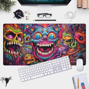 Trippy Gamer Pad - Colorful Skulls and Faces Desk Mat for Gaming
