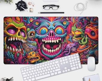Trippy Gamer Pad - Colorful Skulls and Faces Desk Mat for Gaming