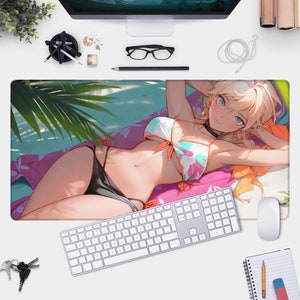 Anime Girl on Beach Desk Mat - Sexy Gamer Pad and Mouse Pad, NSFW