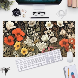 Dark Floral Print Desk Mat - Large Mouse Pad - Moody Cottagecore and Dark Academia Decor