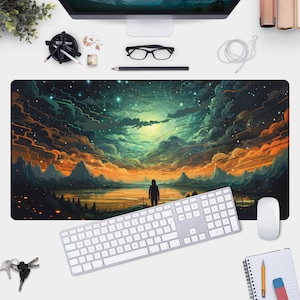 Night Sky Gamer Pad - Large Desk Mat for Gaming, Stunning Lake and Nature Landscape Design