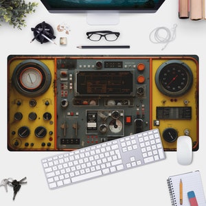 レトロコントロールパネルデスクマット - 宇宙船のような雰囲気の大型ゲーミングパッド