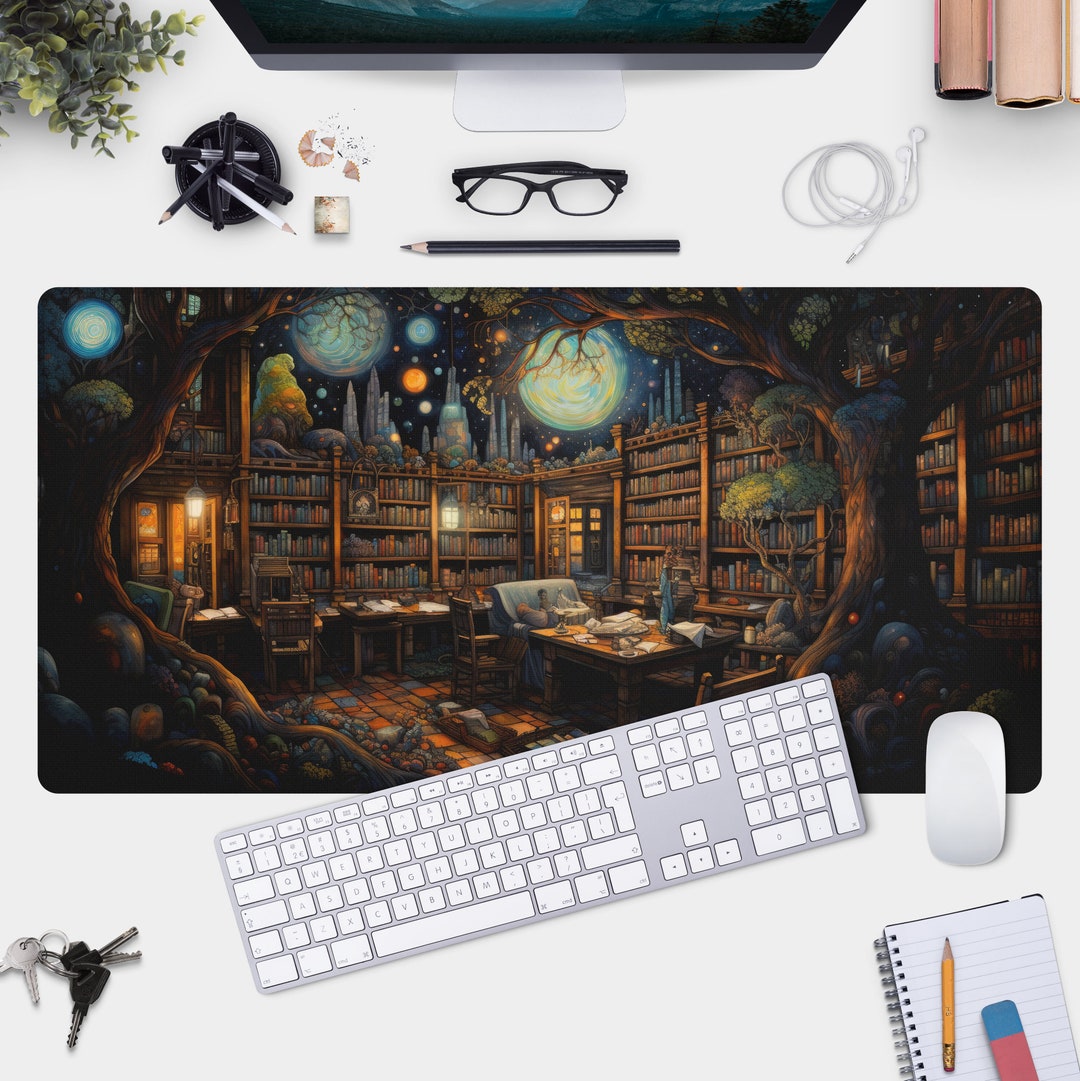 Library Desk Mat With Fantasy Library Design - Book Lovers Gamer Pad - Etsy