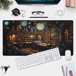 Library Desk Mat with Fantasy Library Design - Book Lovers Gamer Pad