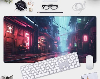 Cyberpunk City Streets Desk Mat - Gamer Pad & Mouse Pad with Rainy Urban Scene