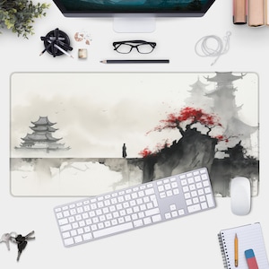 Japanese Inked Landscape Desk Mat - Large Mouse Pad, Minimal Asian Art