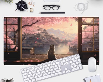 Sous-main chat kawaii - Regarder les fleurs, joli tapis de bureau