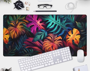 Tropical Desk Mat, Forest Design, Cute Desk Mat, Colorful Floral Pattern