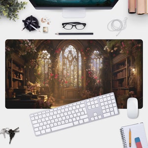 Romantic Library Desk Mat - Large Mouse Pad for Medieval Vibes and Gothic Architecture