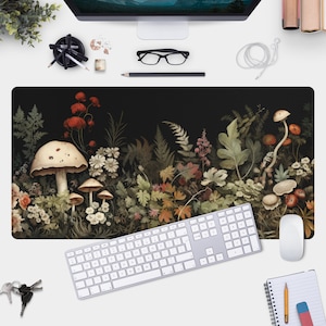 Cottagecore Desk Mat - Mushroom and Plant Motifs, Gamer Pad with Dark Academia Vibes