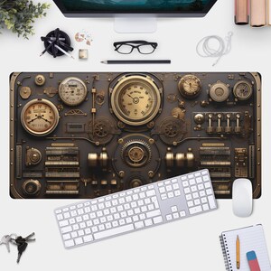 May include: A steampunk-themed desk mat with a brown and gold design featuring gears, dials, and gauges. The mat has a textured surface and is perfect for adding a unique touch to any workspace.