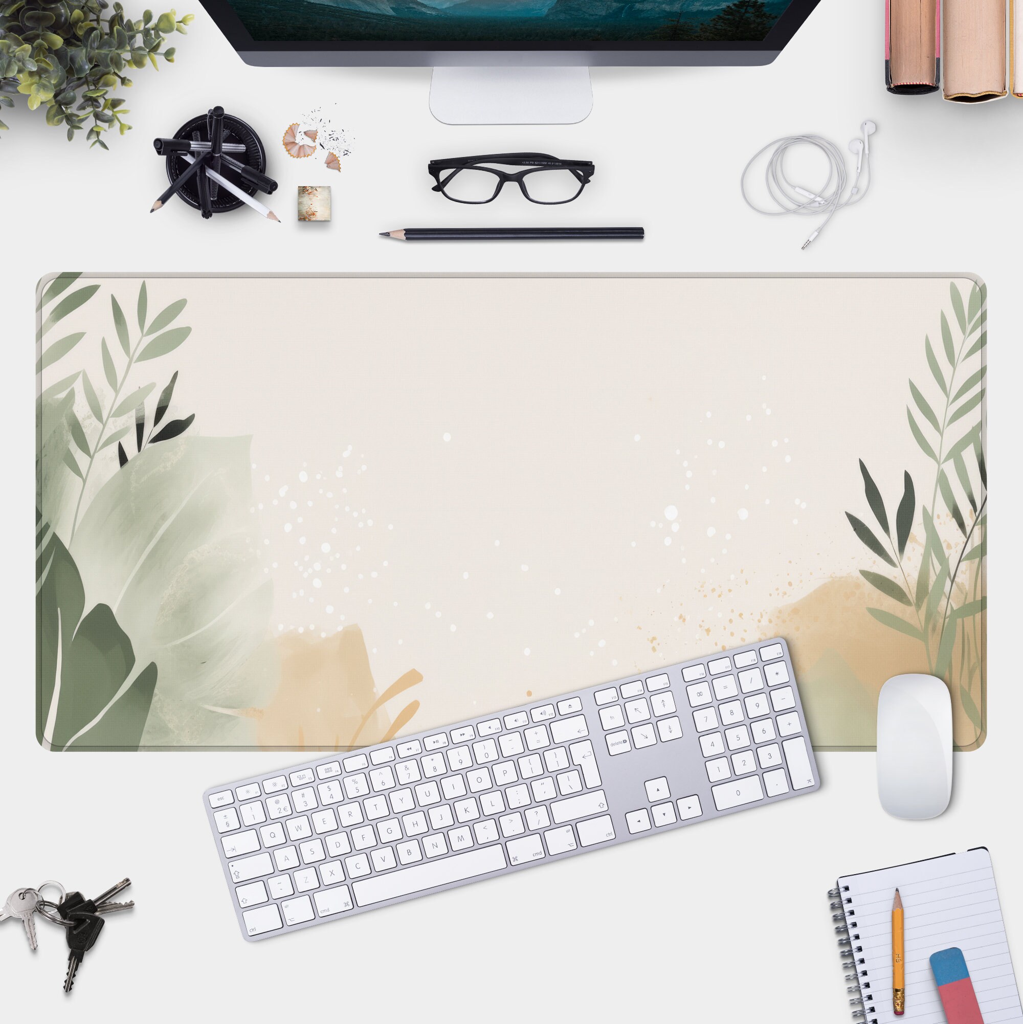 Minimalist Aesthetic Desk Mat in Beige Leafy Design - Trendy Workspace and Desk Accessory Decor