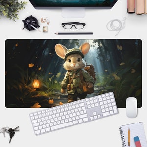Cute Mouse Explorer Desk Mat | Large Gamer Pad & Mouse Pad of a Tiny Adventure Character