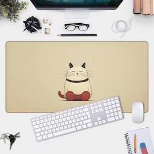 Maneki Neko Cat Mouse Pad - Cute Cat Illustration, Minimal Desk Mat