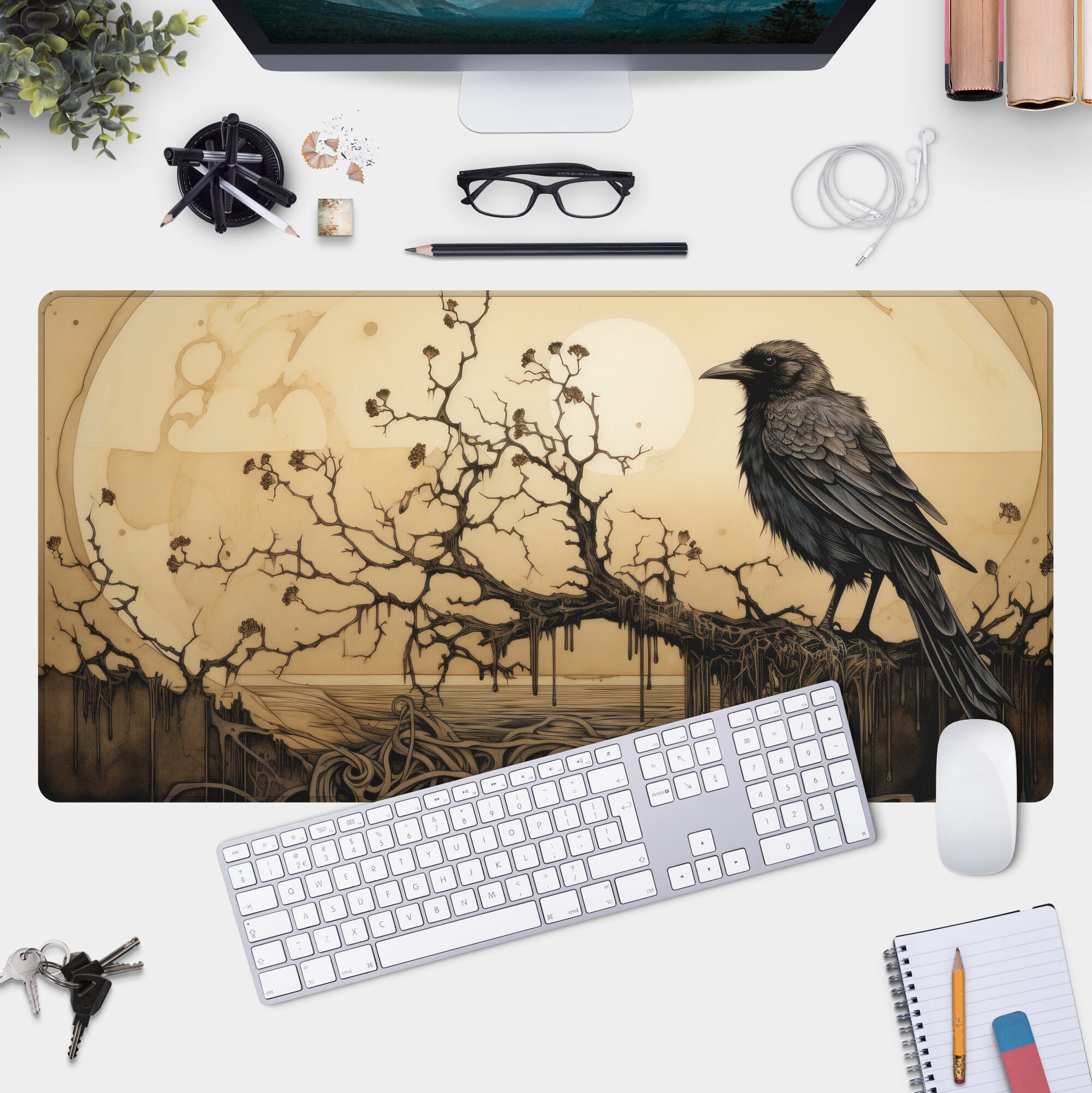 Gothic Gamer Pad: Desk Mat with Macabre Raven on Branch, Goth Home Office Decor