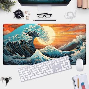 Japanese Wave Gamer Pad - Large Desk Mat for Gaming, Ocean Landscape Design
