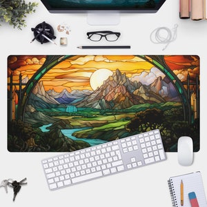 Stained Glass Desk Mat - Large Mouse Pad for Gamers - Nature Inspired Landscape and Mountain Scene