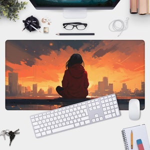 Kawaii Mouse Pad | Lofi Desk Mat for Cute Desk Accessories | Pixel Art Anime Gaming Mouse Pad