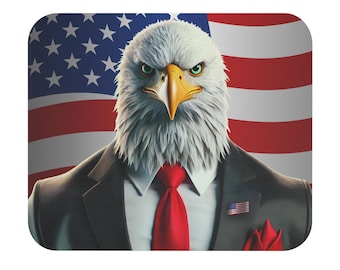 Patriotic Bald Eagle Mouse Pad | Muscular Bald Eagle in Suit with American Flag Background