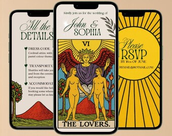 Könnte beinhalten: Drei Smartphones mit Hochzeitskarten-Designs. Das mittlere Telefon zeigt eine Tarotkarten-Illustration mit dem Text "THE LOVERS". Das linke Telefon zeigt "All the DETAILS". Das rechte Telefon sagt "Please RSVP". Die Einladungen sind für John & Sophia.