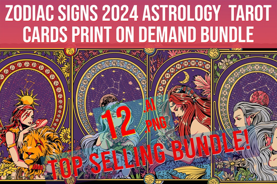 Zodiac Signs 2024 Astrology Tarot Cards Print on Demand Digital Design