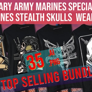 Military Skull T-Shirt Designs: Army, Marines, Air Force (PNG Bundle)