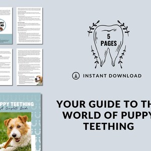May include: A digital download guide for puppy teething, featuring a cute puppy chewing on a stick. The guide is titled "Puppy Teething: A Complete Guide" and includes 5 pages of information. The image also includes a tooth graphic with the text "5 Pages" and "Instant Download".