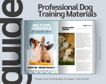 May include: A guide to preparing your home for a new puppy, featuring a multi-dog household guide and a section on preparing your existing dogs for the puppy's arrival. The guide includes images of two dogs, a papillon and a golden retriever.