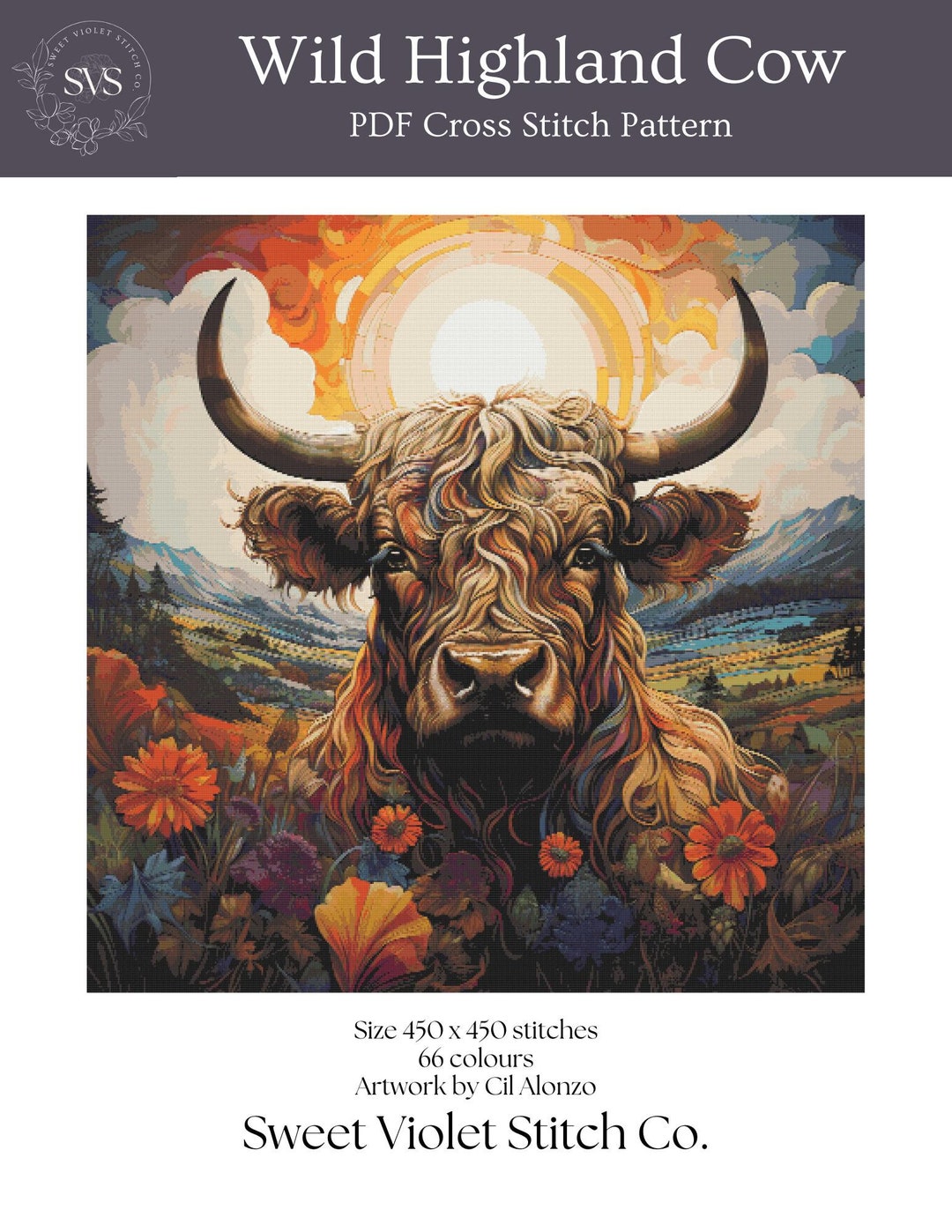 Wild Highland Cow - Cross Stitch Pattern - Full Coverage - PDF Digital ...