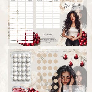 Könnte beinhalten: Ein druckbarer Menstruationszyklus-Tracker mit floralem Design. Der Tracker enthält einen Kalender, einen Bereich zum Verfolgen von Symptomen und einen Bereich zum Verfolgen der Stimmung. Der Tracker enthält auch einen Bereich zum Verfolgen von Medikamenten und einen Bereich zum Verfolgen des Flusses. Der Tracker soll Frauen helfen, ihre Menstruationszyklen zu verfolgen und Muster zu erkennen.