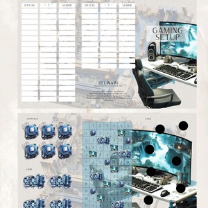 K&ouml;nnte beinhalten: Ein druckbarer Budget-Tracker f&uuml;r Gaming-Setups mit einem blau-wei&szlig;en Farbschema. Der Tracker enth&auml;lt einen Bereich f&uuml;r Daten, Summen und ein W&uuml;rfelspiel. Das Bild zeigt auch ein Gaming-Setup mit einem gekr&uuml;mmten Monitor, einer Tastatur, einer Maus und einem Gaming-Stuhl.