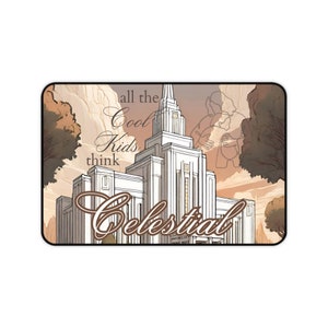May include: A digital illustration of a white building with a steeple, surrounded by trees and a sunset sky. The text "all the cool kids think Celestial" is written in a stylized font.