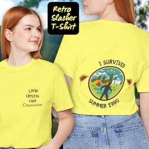 May include: Yellow t-shirt with the text "Camp Crystal Lake Counselor" on the front and "I Survived Summer 1980" with a graphic of a campsite and a figure holding a machete on the back.
