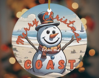 Beach Snowman Christmas Tree Ornament, Ceramic Ocean Ornament, Coastal Christmas, Holiday Coastal Decor, Coastal Holiday Ornaments, Beachy