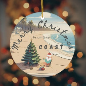 Beach Santa Christmas Tree Ornament, Ceramic Ocean Ornament, Coastal Christmas, Holiday Coastal Decoration, Coastal Holiday Ornaments