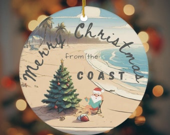 Beach Santa Christmas Tree Ornament, Ceramic Ocean Ornament, Coastal Christmas, Holiday Coastal Decoration, Coastal Holiday Ornaments