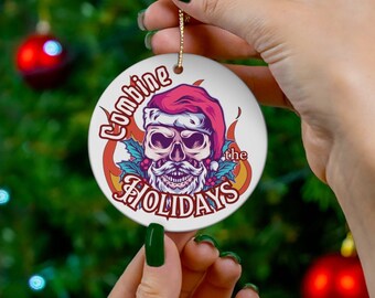 Retro Keepsake Ornament, Skull Santa Ornament, Fun Christmas Ornament, Round Ceramic Decoration, Christmas Gift, Halloween and Christmas