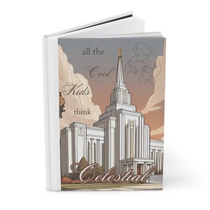 May include: A book cover with a white background and a colorful illustration of a temple with the text "all the cool kids think Celestial" on the front.