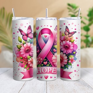 Hope Breast Cancer Awareness Skinny Tumbler with Straw, 20oz, Breast Cancer Ribbon Breast Cancer Mug, Breast Cancer Survivor Gift