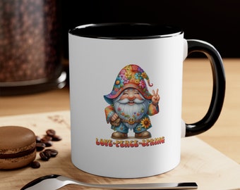 Love-Peace-Spring Hippie Garden Gnome Coffee Mug, Vintage Gnome Coffee Cup, Throwback Peace Loving Gnome