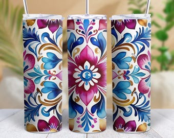 Lavender and Blue Talavera Inspired Skinny Tumble, Talavera Inspired  Tumbler with Straw, Traditional Mexican art with modern design.