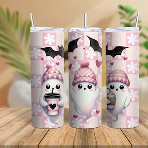 Pastelowy różowy kubek na Halloween, Bougie Halloween Ghost, słodkie duchy, chudy kubek ze słomką, 20 uncji