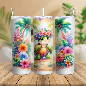 Tropical Turtle Skinny Tumbler with Straw, 20oz, sea turtle coffee cup