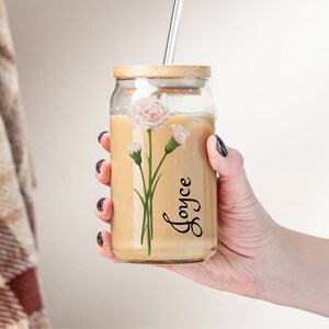 Personalized Birth Flower Iced Coffee Cup With Name Customized Birth Flower and Name Sipper Glass,, Personalized Birth Flower Tumbler,