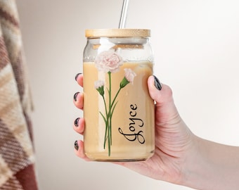 Personalized Birth Flower Iced Coffee Cup With Name Customized Birth Flower and Name Sipper Glass,, Personalized Birth Flower Tumbler,