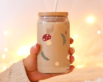 Forest Glass Can with Mushroom Print,Mushroom Iced Coffee Cup, Cottagecore Glass Tumbler Beer Can Glass with Lid and Straw Iced Coffee Glass