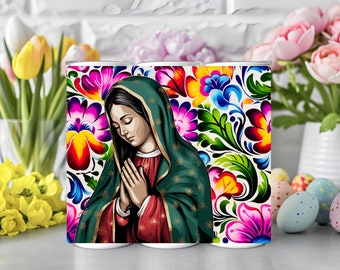 May include: Three white ceramic tumblers with a colorful floral design and an image of the Virgin Mary in the center. The floral design features bright colors like red, yellow, blue, green, and pink.