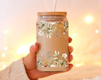 Floral Glass Can , Botanical Sipper Glass, Libbey Garden Soda Can, Vintage Flower  Glass Tumbler Cup with Lid & Straw, Iced Coffee cup