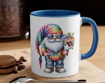 Groovy Gnome with Flower Power Bouquet, Hippie Gnome Mug, Reto Gnome Coffee Cup